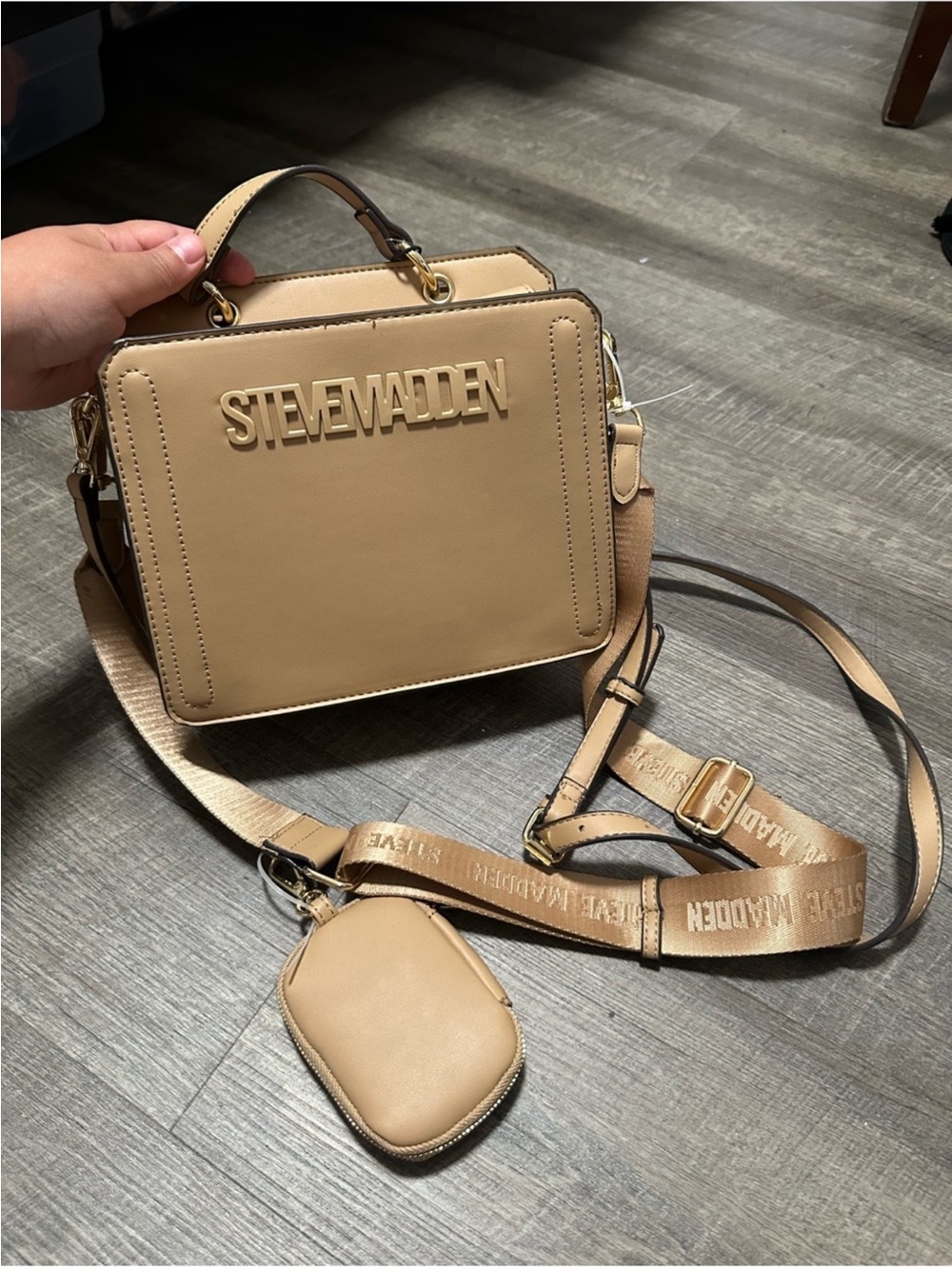 Steve Madden Beige Tan Box Crossbody Bag with Branded Strap